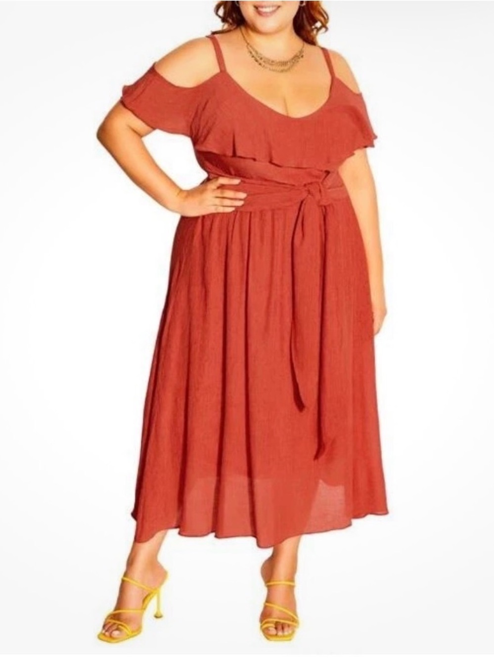 City Chic Rust Cold-Shoulder Midi Dress with Waist Tie